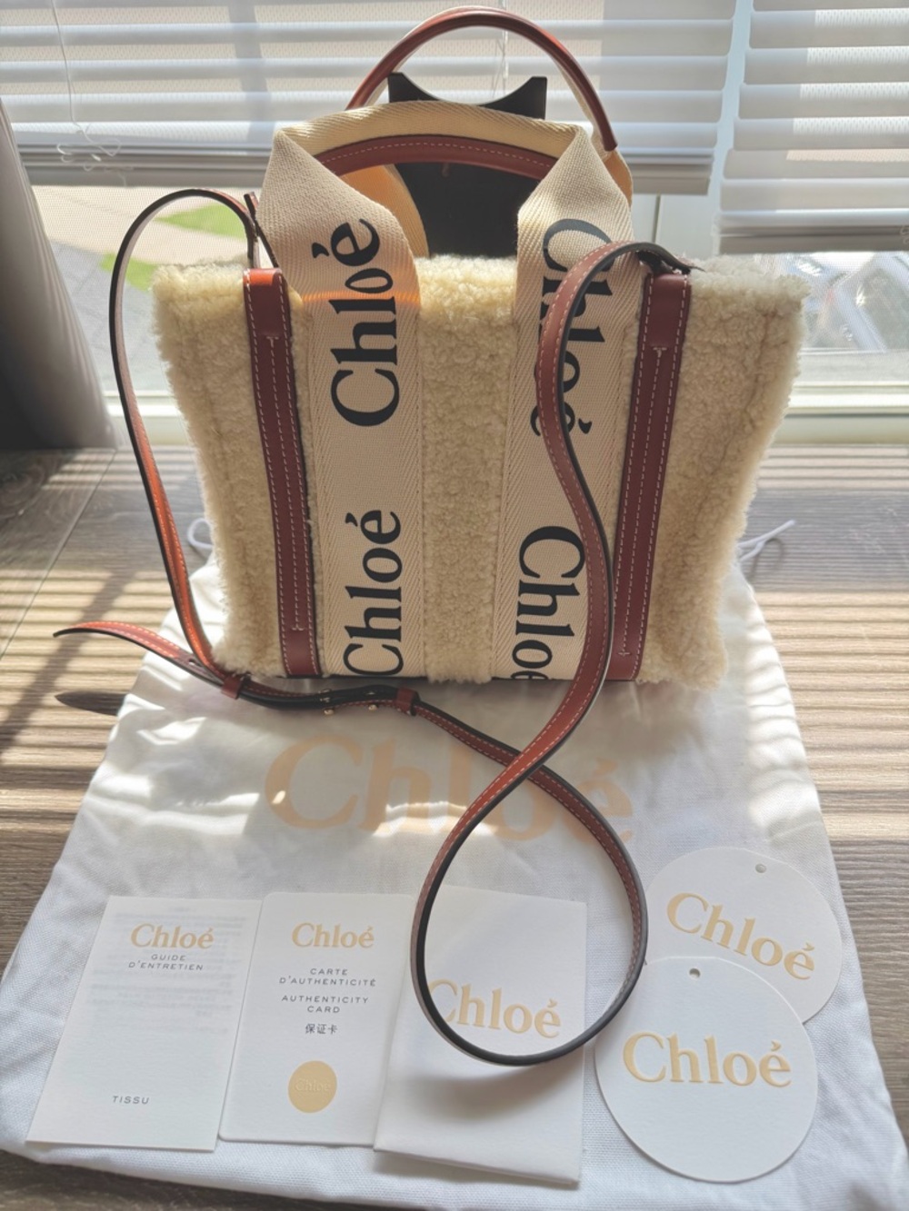 Chloe Cream and Brown Shearling Woody Tote Bag with Straps